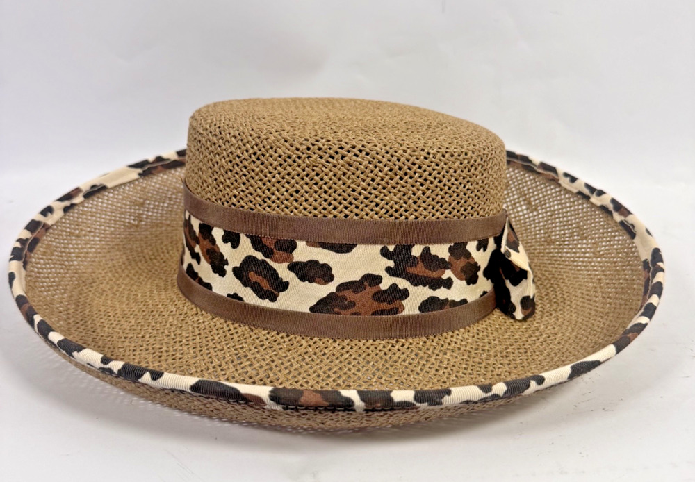 Vintage Sonni San Francisco Straw Hat Leopard Bow Wide Brim Made USA Women’s